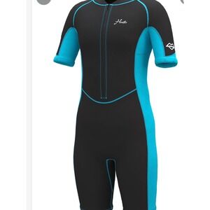 Hevto Kids Shorty Wetsuit Black Blue 2mm Neoprene Front Zip Swim Suit Size 3